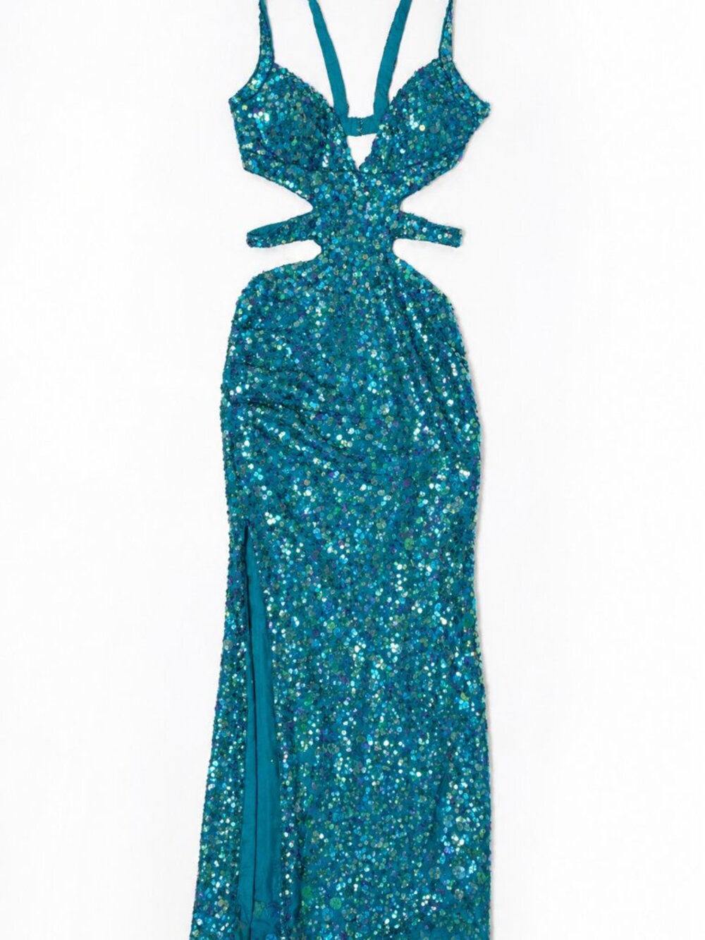 Vintage Sean Collection 4 Teal Blue 100% Silk Sequins Strappy Vintage Gown